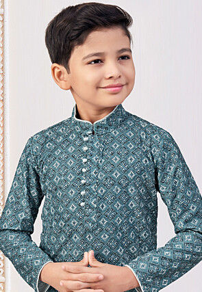 Digital Printed Rayon Kurta Set in Teal Blue