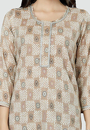 Digital Printed Rayon Kurti in Beige