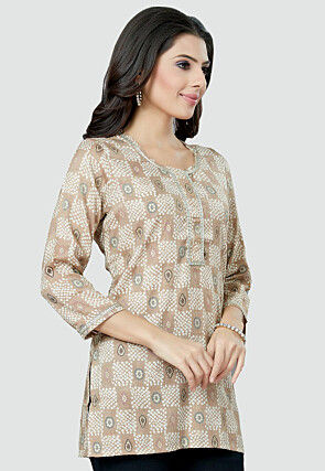 Digital Printed Rayon Kurti in Beige