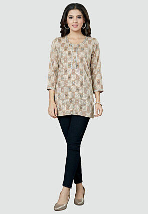 Digital Printed Rayon Kurti in Beige