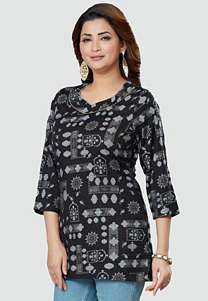 Digital Printed Rayon Kurti in Black
