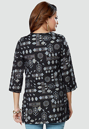 Digital Printed Rayon Kurti in Black