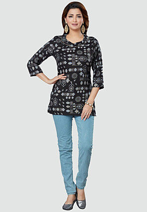 Digital Printed Rayon Kurti in Black
