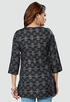 Digital Printed Rayon Kurti in Black