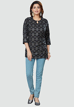 Digital Printed Rayon Kurti in Black