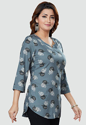 Digital Printed Rayon Kurti in Grey