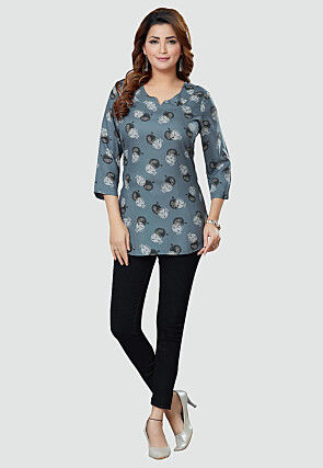 Digital Printed Rayon Kurti in Grey