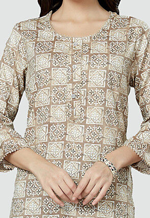 Digital Printed Rayon Kurti in Light Beige