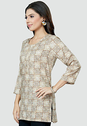 Digital Printed Rayon Kurti in Light Beige