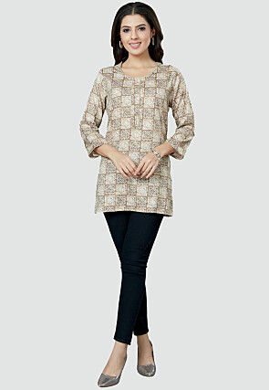 Digital Printed Rayon Kurti in Light Beige