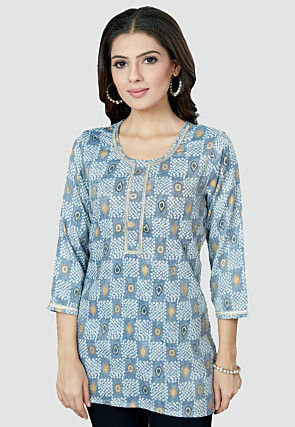 Digital Printed Rayon Kurti in Light Blue
