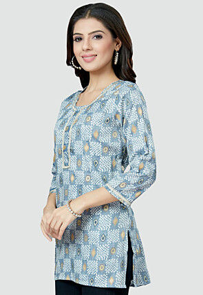Digital Printed Rayon Kurti in Light Blue