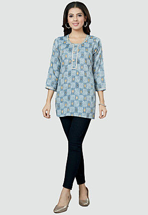 Digital Printed Rayon Kurti in Light Blue
