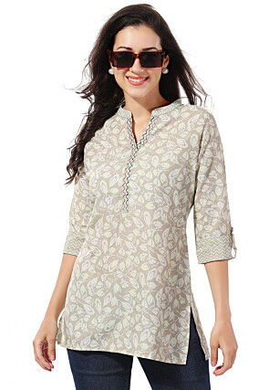 Digital Printed Rayon Kurti in Light Grey