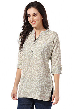 Digital Printed Rayon Kurti in Light Grey