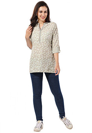Digital Printed Rayon Kurti in Light Grey