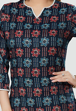 Digital Printed Rayon Kurti in Navy Blue
