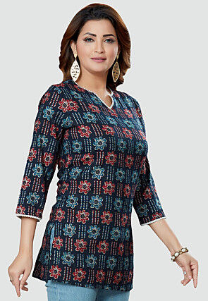 Digital Printed Rayon Kurti in Navy Blue