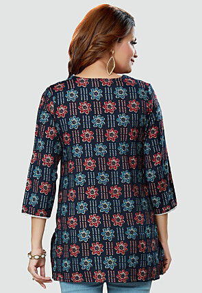Digital Printed Rayon Kurti in Navy Blue