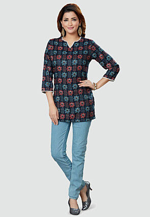 Digital Printed Rayon Kurti in Navy Blue