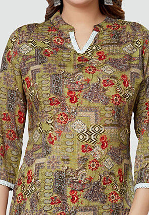 Digital Printed Rayon Kurti in Olive Green