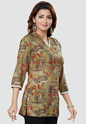 Digital Printed Rayon Kurti in Olive Green