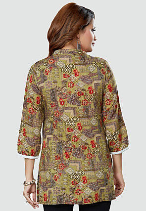 Digital Printed Rayon Kurti in Olive Green