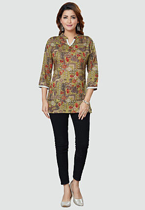 Digital Printed Rayon Kurti in Olive Green