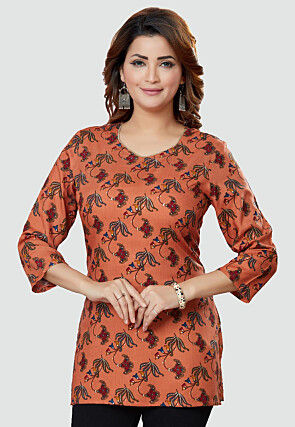 Digital Printed Rayon Kurti in Orange