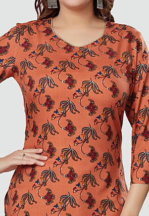 Digital Printed Rayon Kurti in Orange