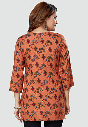 Digital Printed Rayon Kurti in Orange