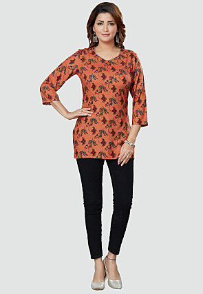 Digital Printed Rayon Kurti in Orange