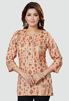Digital Printed Rayon Kurti in Peach