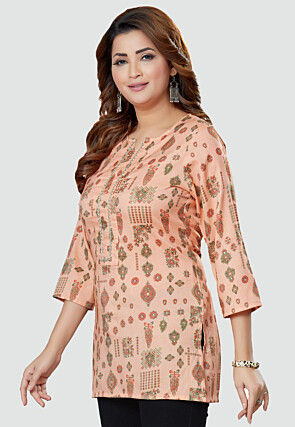 Digital Printed Rayon Kurti in Peach