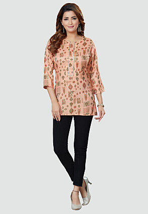 Digital Printed Rayon Kurti in Peach