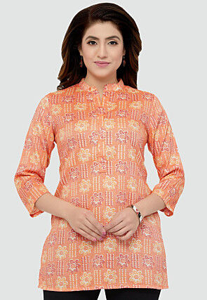 Digital Printed Rayon Kurti in Peach