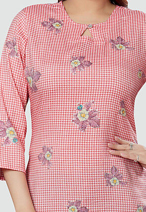 Digital Printed Rayon Kurti in Red and Off White