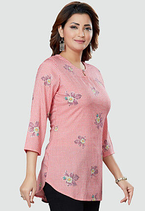 Digital Printed Rayon Kurti in Red and Off White