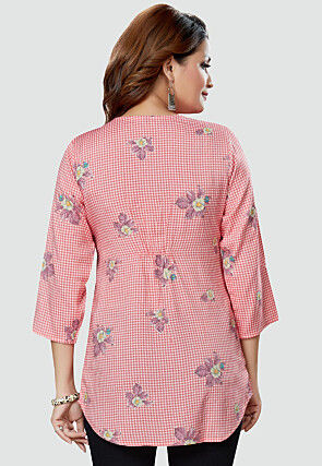 Digital Printed Rayon Kurti in Red and Off White