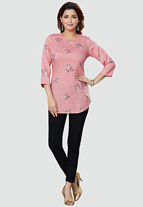 Digital Printed Rayon Kurti in Red and Off White