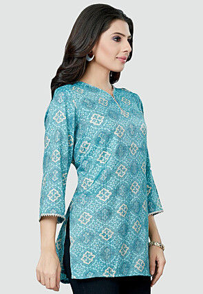Digital Printed Rayon Kurti in Sky Blue