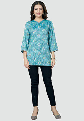 Digital Printed Rayon Kurti in Sky Blue
