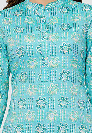 Digital Printed Rayon Kurti in Sky Blue