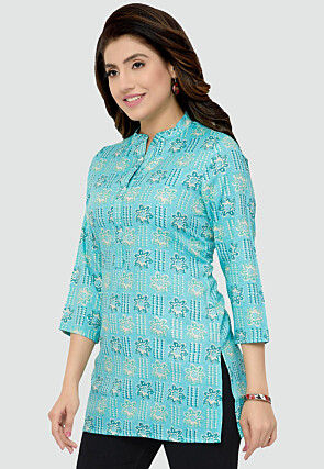 Digital Printed Rayon Kurti in Sky Blue