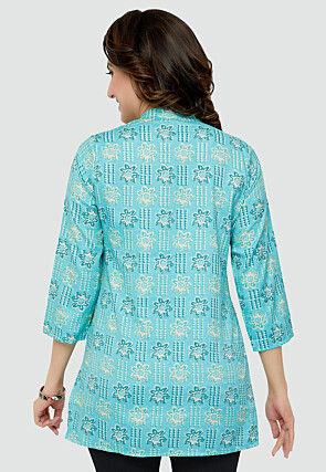 Digital Printed Rayon Kurti in Sky Blue