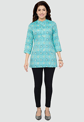 Digital Printed Rayon Kurti in Sky Blue