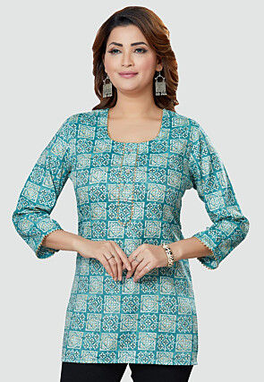 Digital Printed Rayon Kurti in Teal Blue
