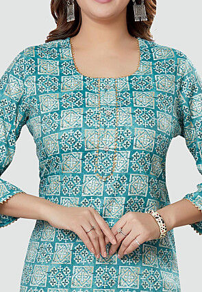 Digital Printed Rayon Kurti in Teal Blue