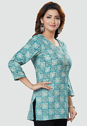Digital Printed Rayon Kurti in Teal Blue