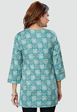 Digital Printed Rayon Kurti in Teal Blue